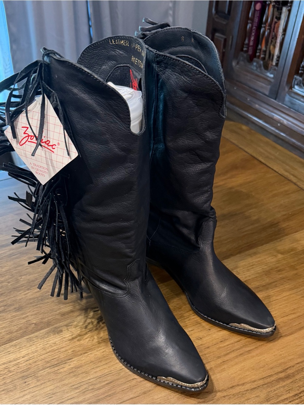 Zodiac Black Leather Fringe Western Boots